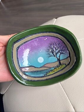 Hand-Painted Green Ceramic Trinket Dish with Twilight Landscape